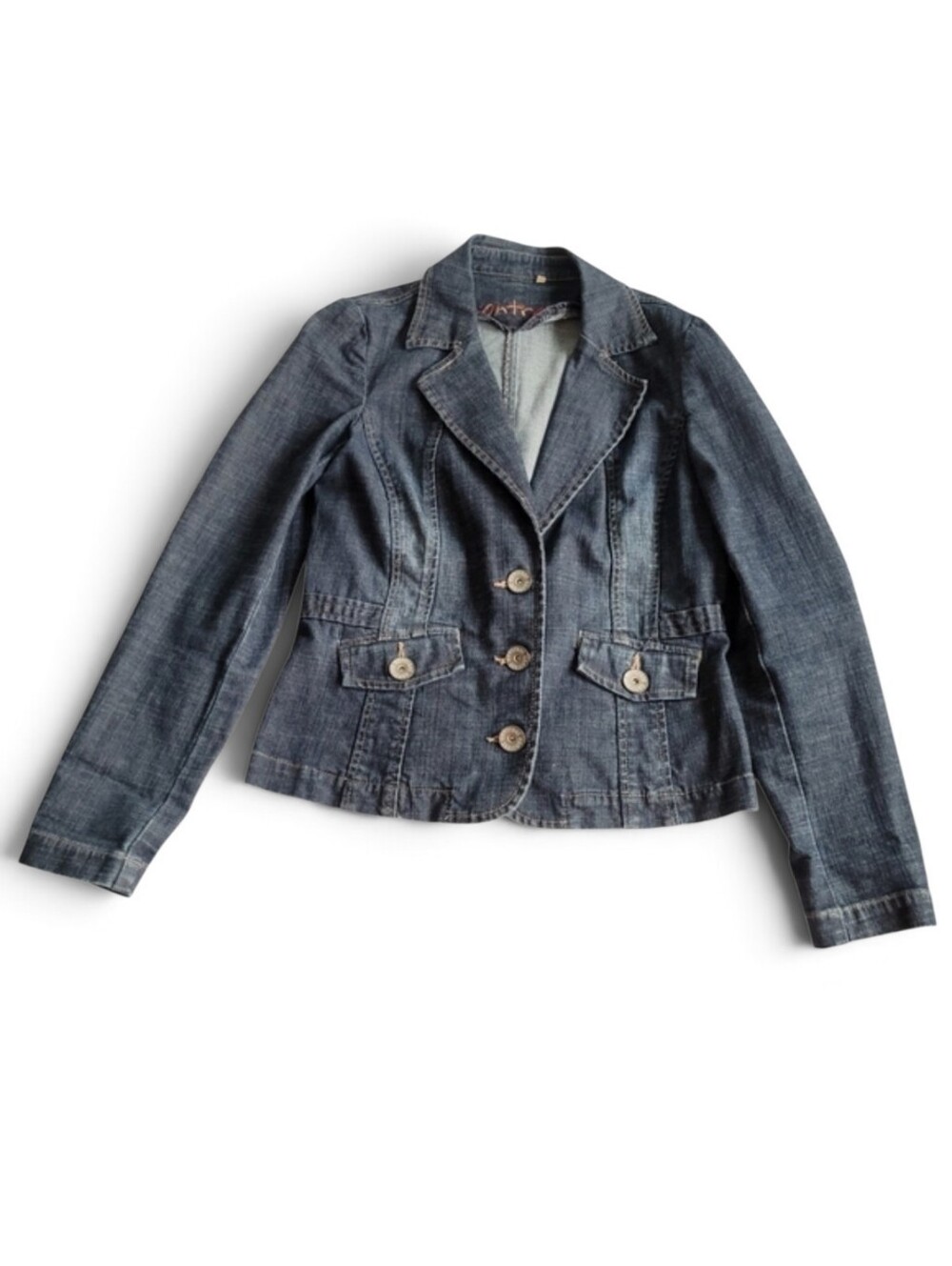 Vintage Y2K Boho CONTRAST Dark Wash Denim Blazer Jacket Fitted Medium Stretch